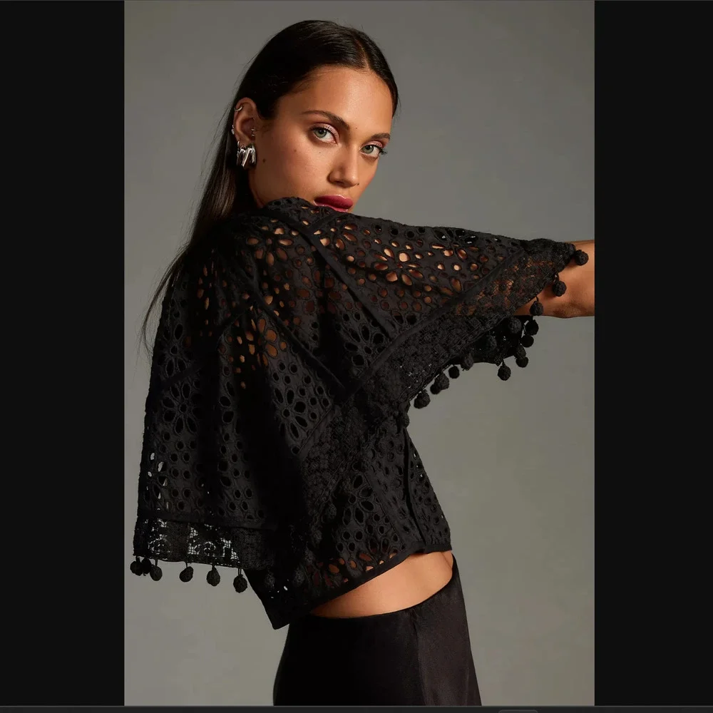 New Anthropologie Victorian Cutwork Black Blouse - Size XL